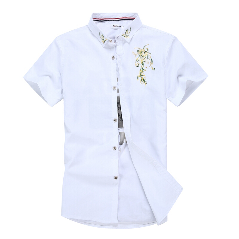 2018夏季韩版男装短袖衬衫修身免烫衬衣青少年刺绣学生上衣潮