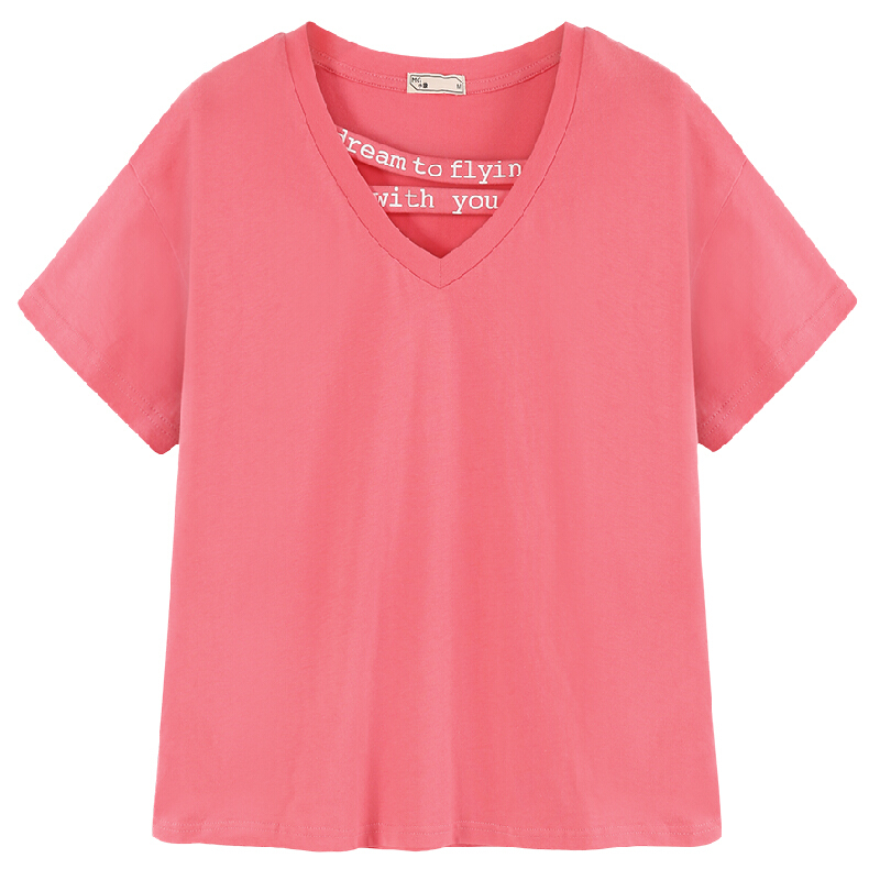 短袖T恤女2018夏装学生宽松显瘦上衣V领印花打底衫玫粉色