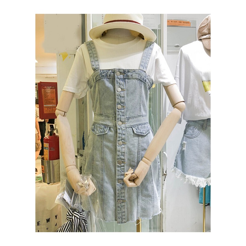 2018韩国夏装单排扣收腰带连衣裙女修身牛仔背带裙蓝色