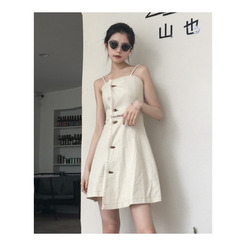 2018夏季韩版时尚小心机露肚中长款单排扣复古带连衣裙女米白色