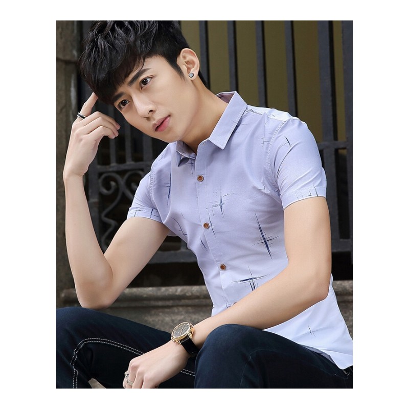 夏季衬衫男短袖韩版修身青年衬衣男薄款潮男休闲潮流半袖寸衫