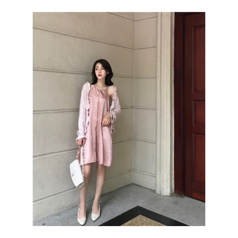 夏装韩国纯色丝质感宽松显瘦圆领带挂脖连衣裙女粉红色均码