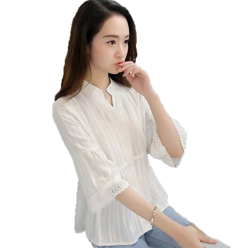 衬衫女五分袖2018夏季韩版宽松显瘦提花V领纯色打底衬衣白色