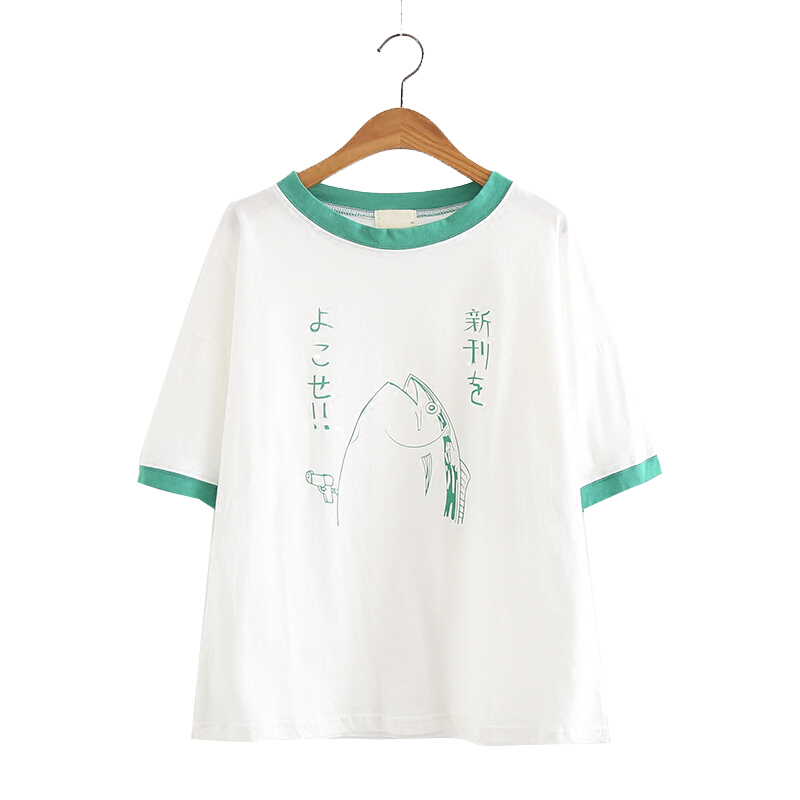 2018夏季新款女装日系文艺印花宽松圆领T恤显瘦学生短袖上衣绿色单一码