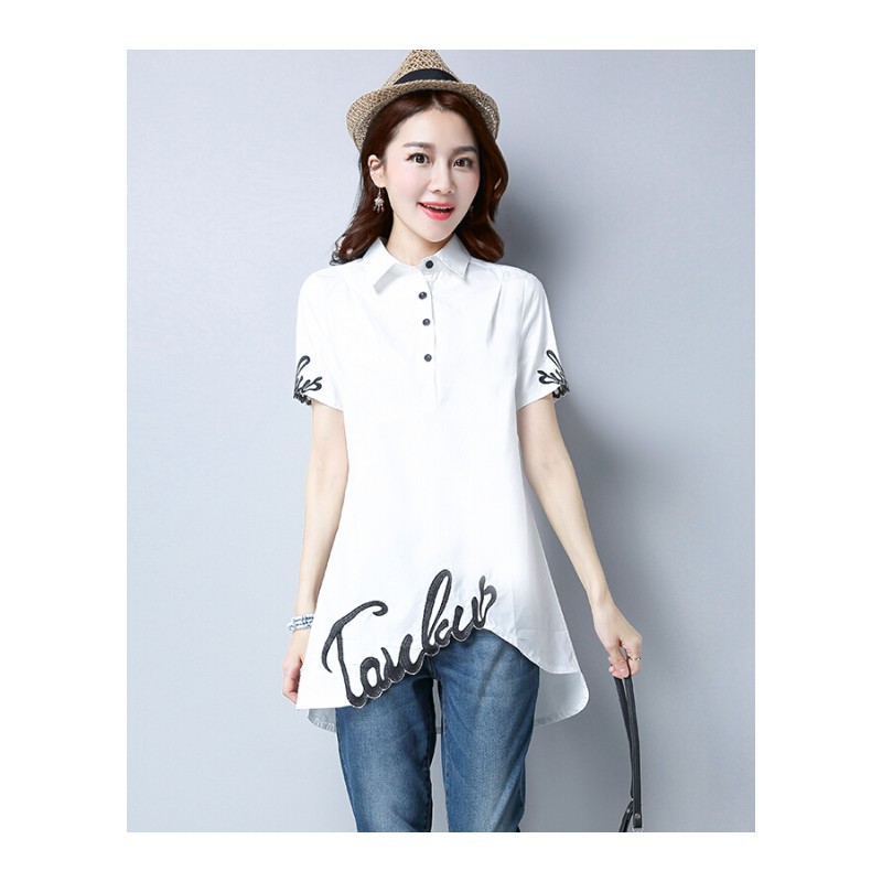 夏季刺绣短袖衬衫女时尚韩版POLO领修身显瘦大码上衣