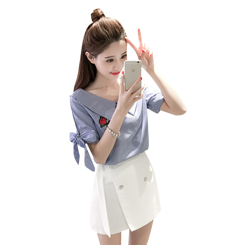 2018春夏袖口系带刺绣玫瑰花娃娃领衬衣短袖女士条纹衬衫上衣