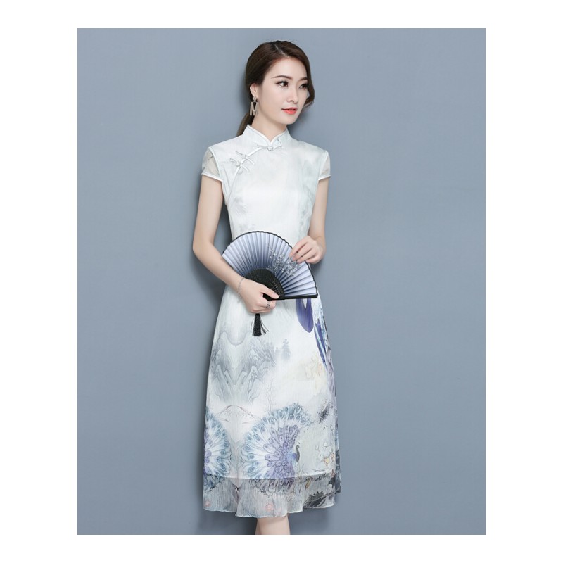 夏季2018日常旗袍时尚复古印花修身中式短袖连衣裙白色