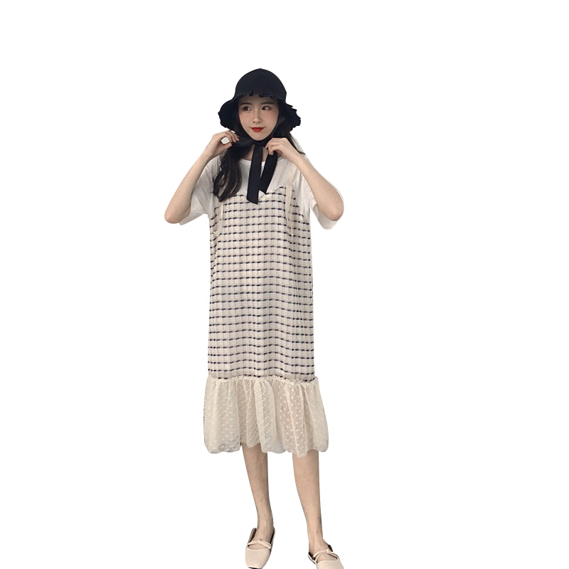 夏季女装韩版甜美假两件短袖拼色格子显瘦小清新带连衣裙红格子均码