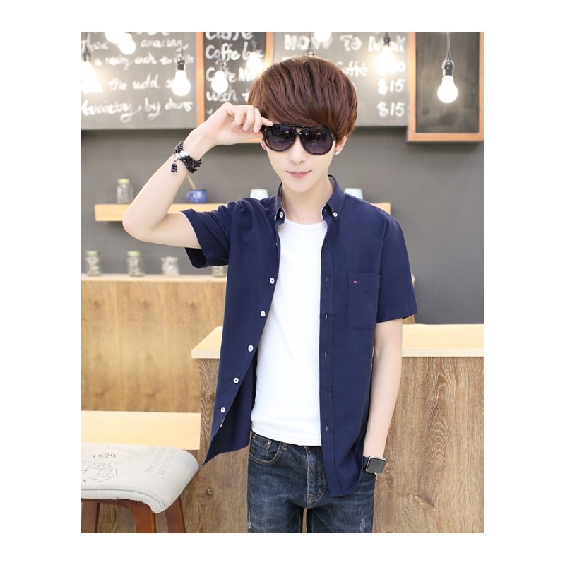 夏季男士短袖牛仔衬衫青少年韩版修身纯色学生衬衣薄款外套男潮流