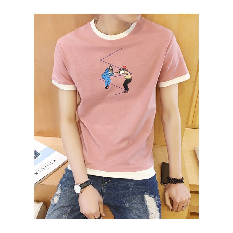夏装男短袖T恤新款粉色印花修身圆领半截袖体恤潮上衣服男装T恤衫