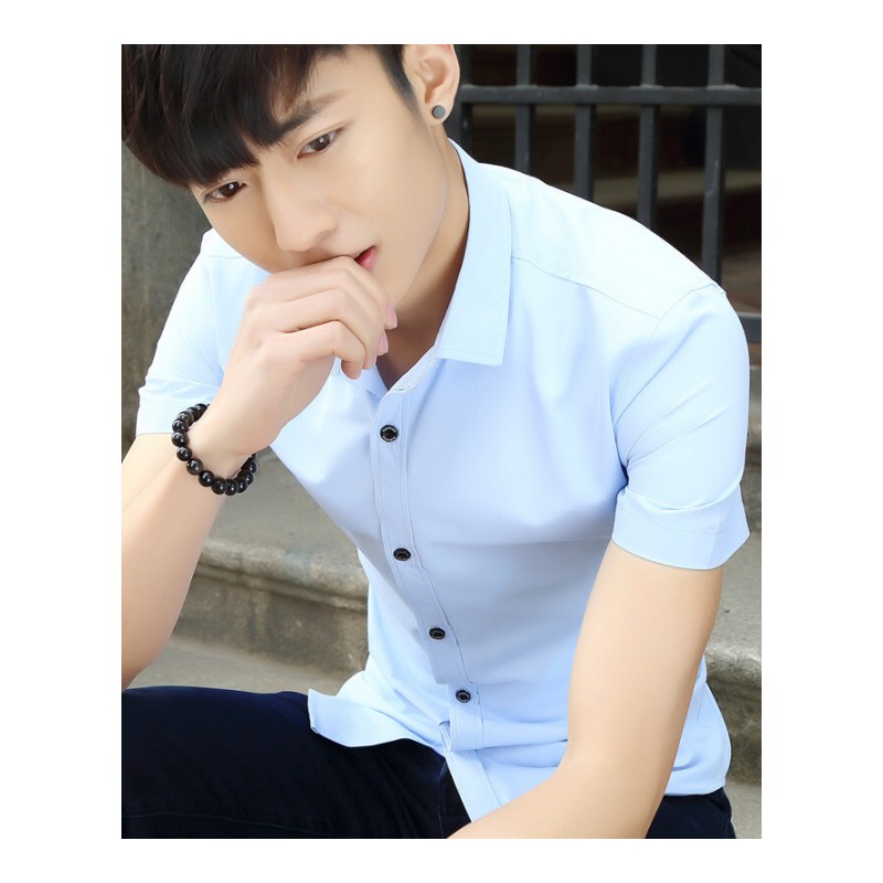 衬衫男短袖修身韩版潮流帅气青少年学生休闲夏季薄款个性印花衬衣095白色M165/115斤内
