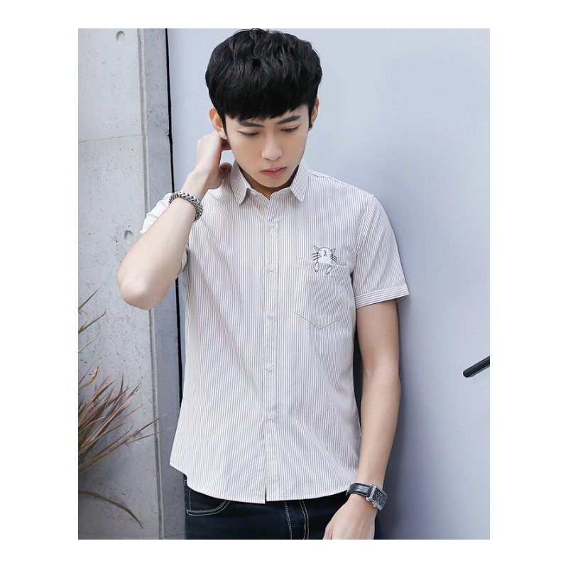 2018夏季短袖衬衫男士修身青少年韩版潮流条纹衬衣男