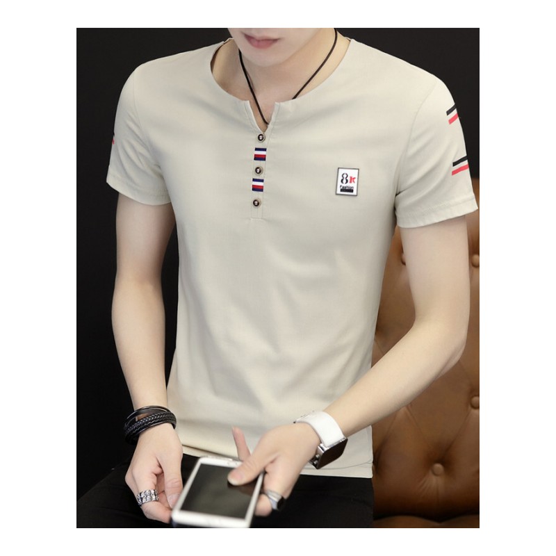 夏天韩版v领T恤男短袖体恤上衣男装个性半袖T桖夏季冰丝衣服