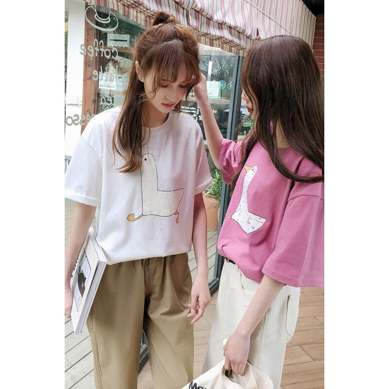-2018春新款女装韩版圆领卡通印花宽松显瘦短袖T恤032601白色均码