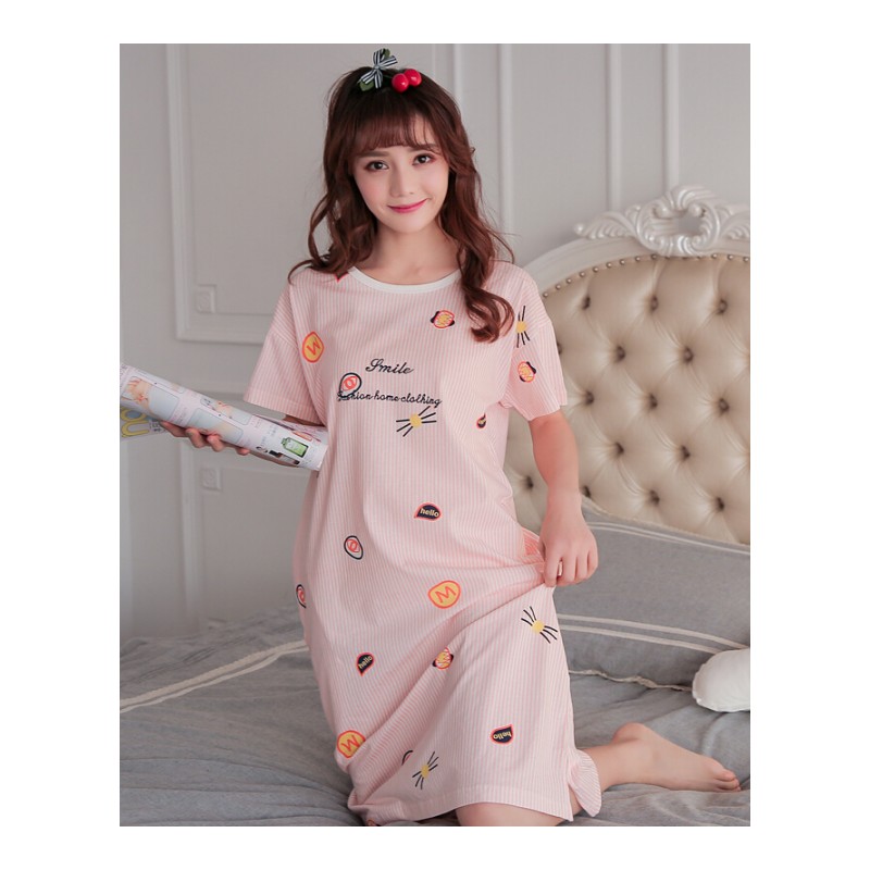 韩版睡衣女夏纯棉短袖甜美可爱清新少女学生睡裙中长款性感可外穿粉条纹裙