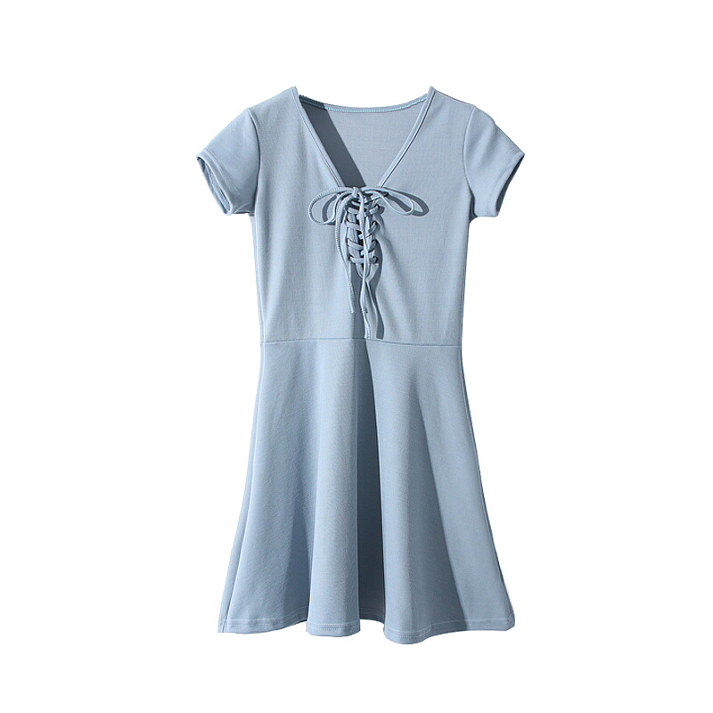 2018夏季韩版学院风纯色v领系带套头短袖高腰连衣裙短裙女蓝色均码