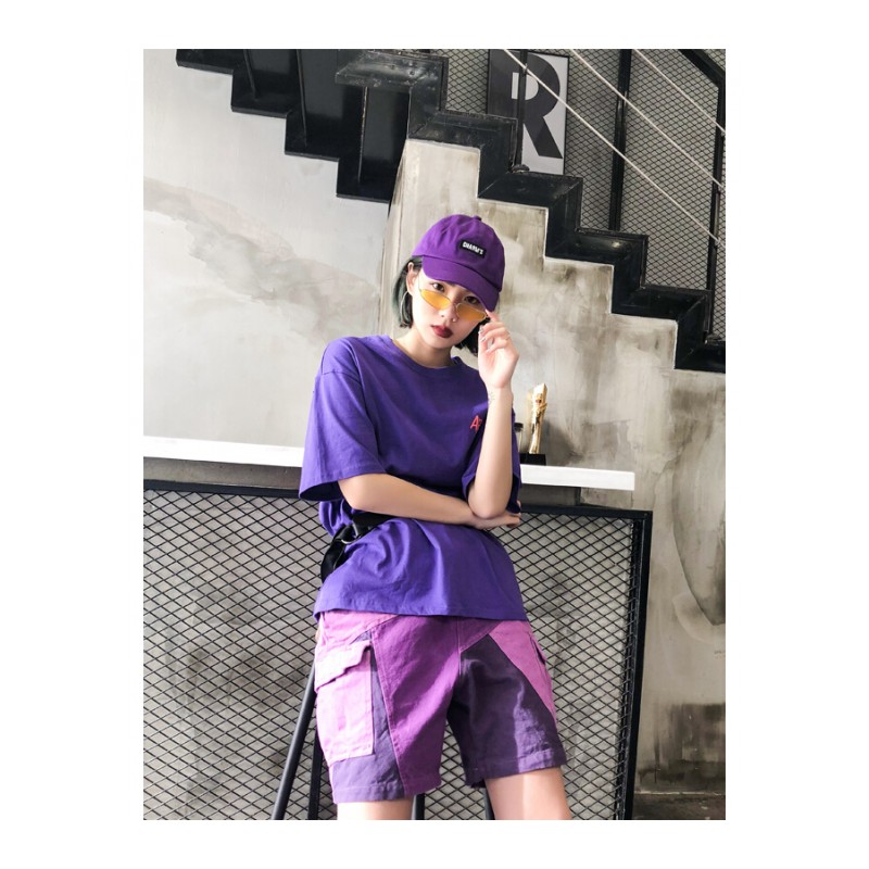 刺绣紫色大口袋工装短裤女欧美嘻哈裤子女ins五分裤bf