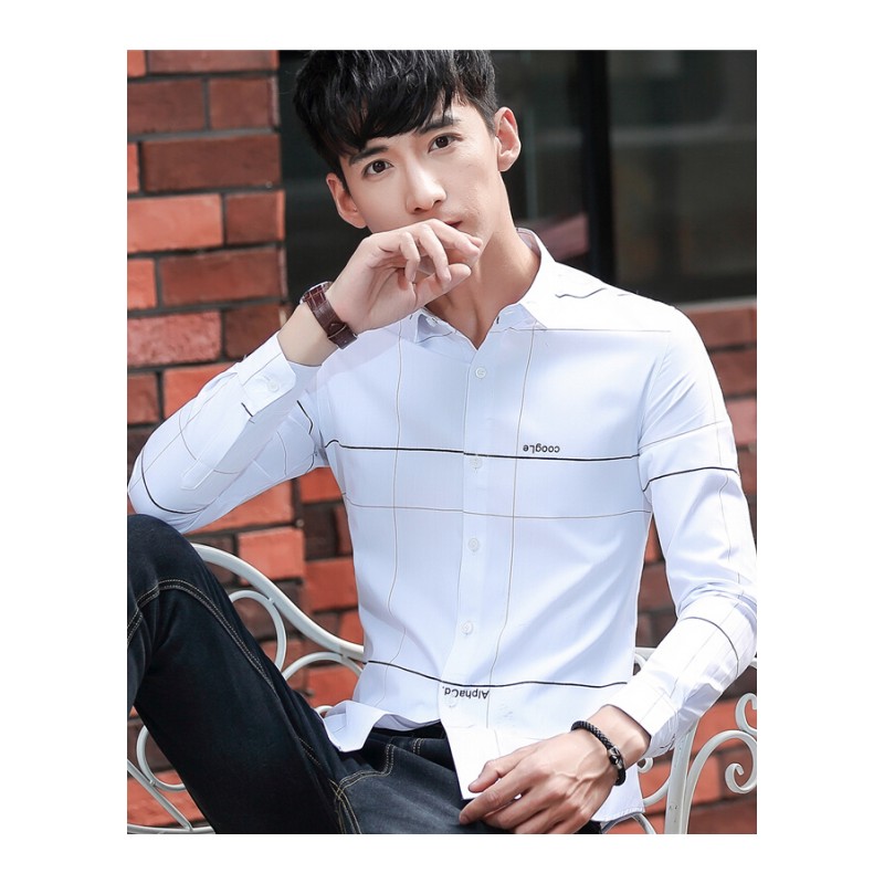 2018春季新款韩版男士长袖衬衫修身格子印花男装衬衣休闲免烫寸衫