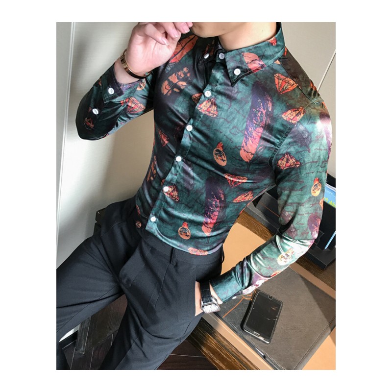 2018春季新款男士韩版修身长袖衬衫夜店花衬衣型师印花衬衫青年