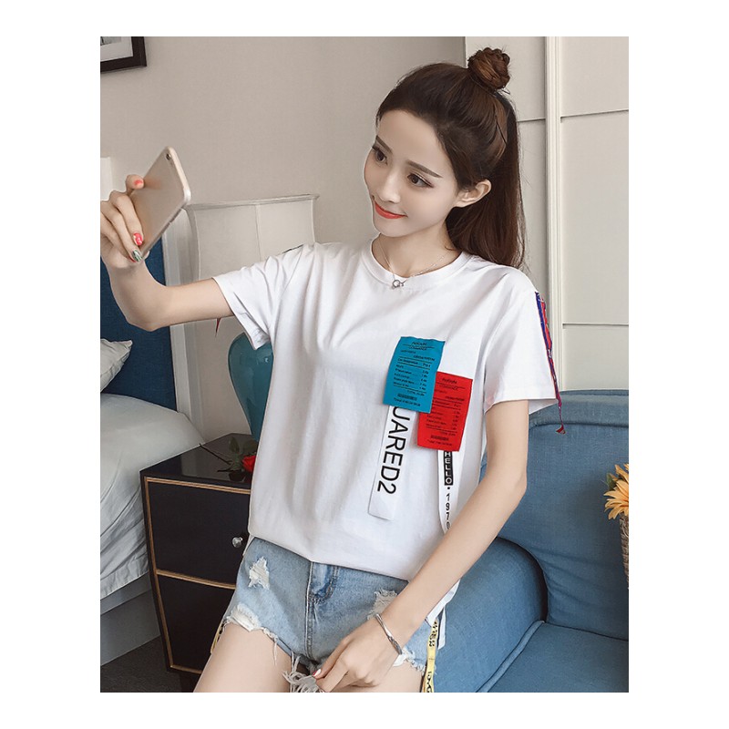 2018夏季女装韩版时尚贴布印花织带拼接短袖T恤宽松上衣小衫白色