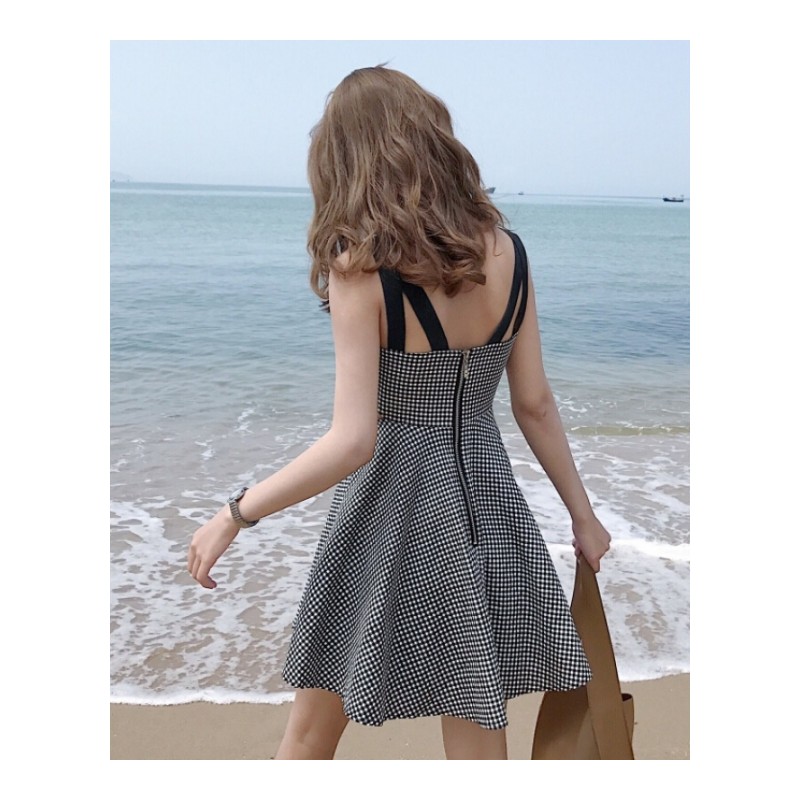 夏季韩版修身显瘦高腰格子拉链带无袖连衣裙学生短裙女图片色