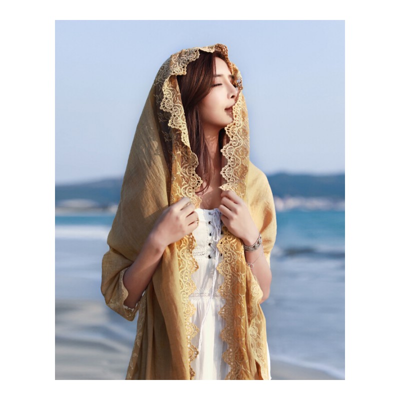 2018夏季蕾丝围巾丝巾女民族风新娘防晒纱巾两用泰国沙滩海边披肩