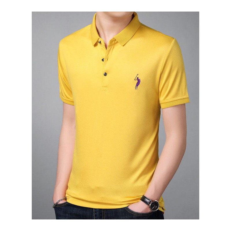 短袖T恤翻领男士中青年纯色棉体恤黄色polo衫男装T恤夏季