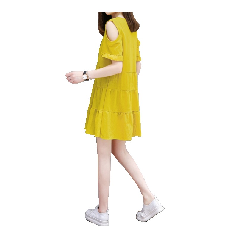 韩版夏季大码女装针织圆领短袖露肩连衣裙休闲纯色蓬蓬裙黄色露肩连衣裙