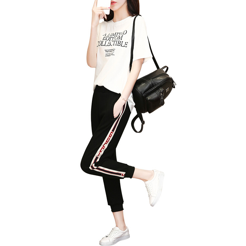 休闲运动套装女夏季2018韩版潮短袖T恤长裤两件套服黑色