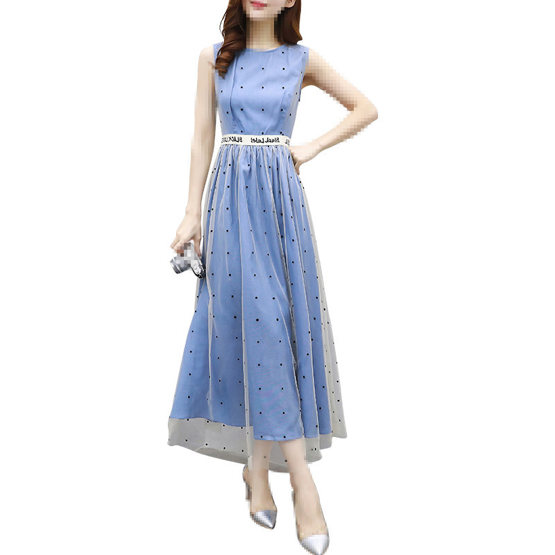 夏季韩版女装2018修身无袖连衣裙女拼接蓝色波点长裙fQfAEfXd蓝色