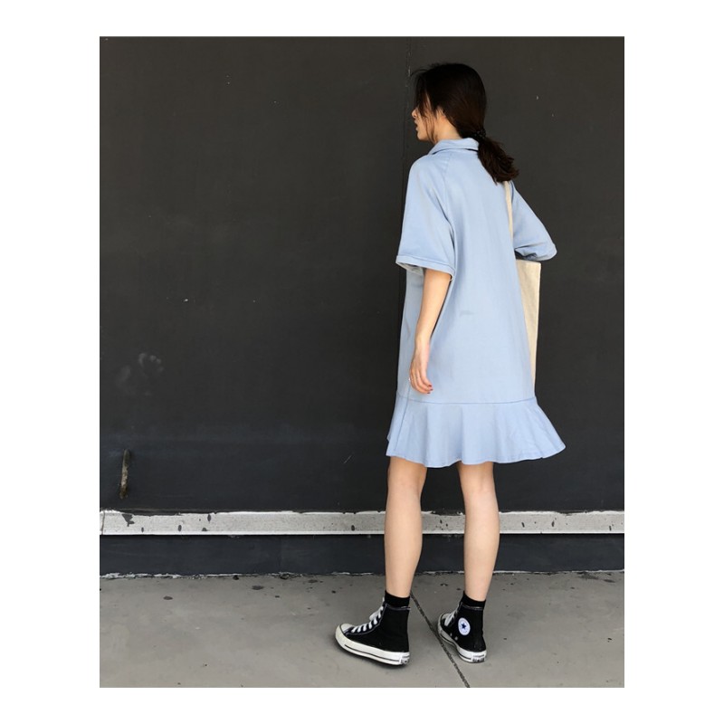 夏季韩国少女学院风POLO领一排扣字母印花宽松荷叶边短袖连衣裙女灰色均码
