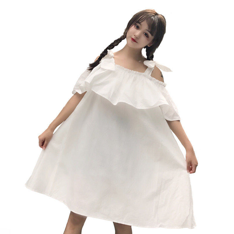 2018春季女装韩版小清新一字领带裙女夏装学生娃娃裙连衣裙白色均码