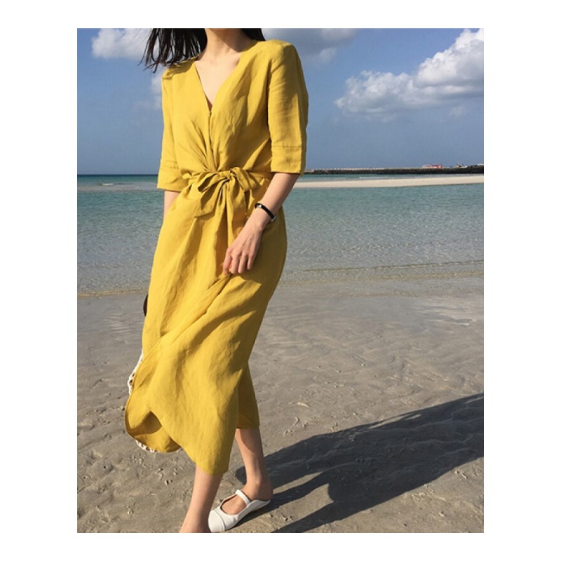 夏日浪漫出游季韩国芥末黄麻棉系带收腰中袖连衣裙女 黄色 均码