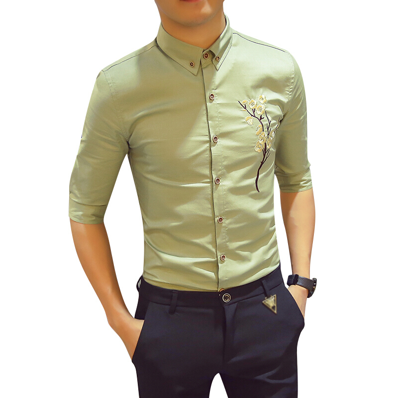 中袖衬衫男士修身韩版潮流春夏季型师五分半袖青年短袖刺绣衬衣