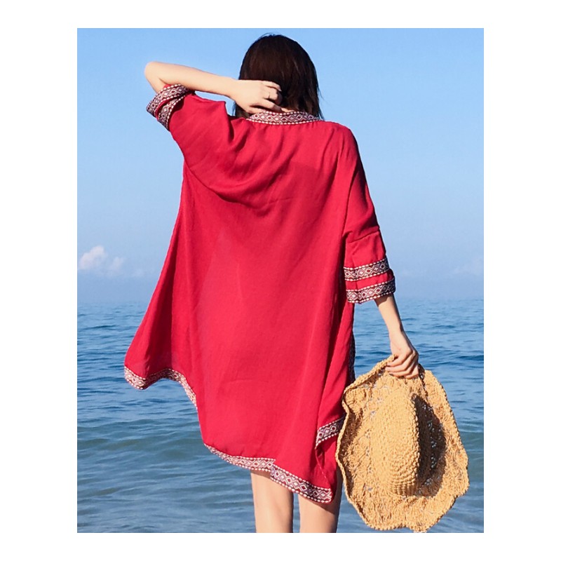 沙滩防晒衣开衫女夏季薄款海边度假民族风中长款空雪纺披肩外套酒红色
