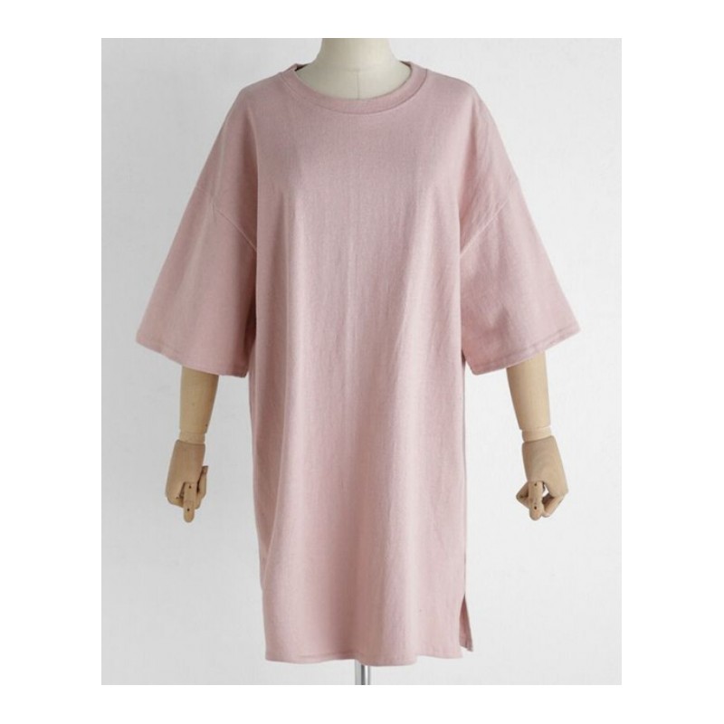2018春夏季新款韩版纯色中长款宽松大码连衣裙休闲短袖T恤女粉红色