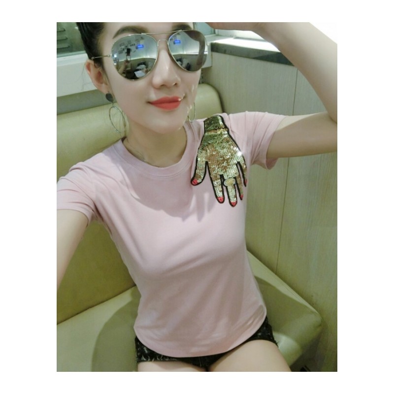 2018夏装新款韩版短袖T恤女修身时尚亮片体血半袖上衣丅绿色9915