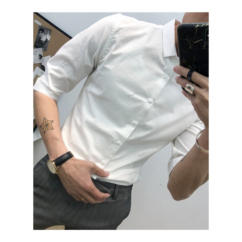 夏季韩版修身印花中袖衬衣男chic韩风白衬衫理师五分袖衬衫男