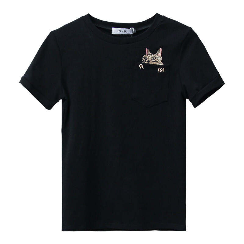 2018猫咪刺绣短袖T恤男圆领打底衫