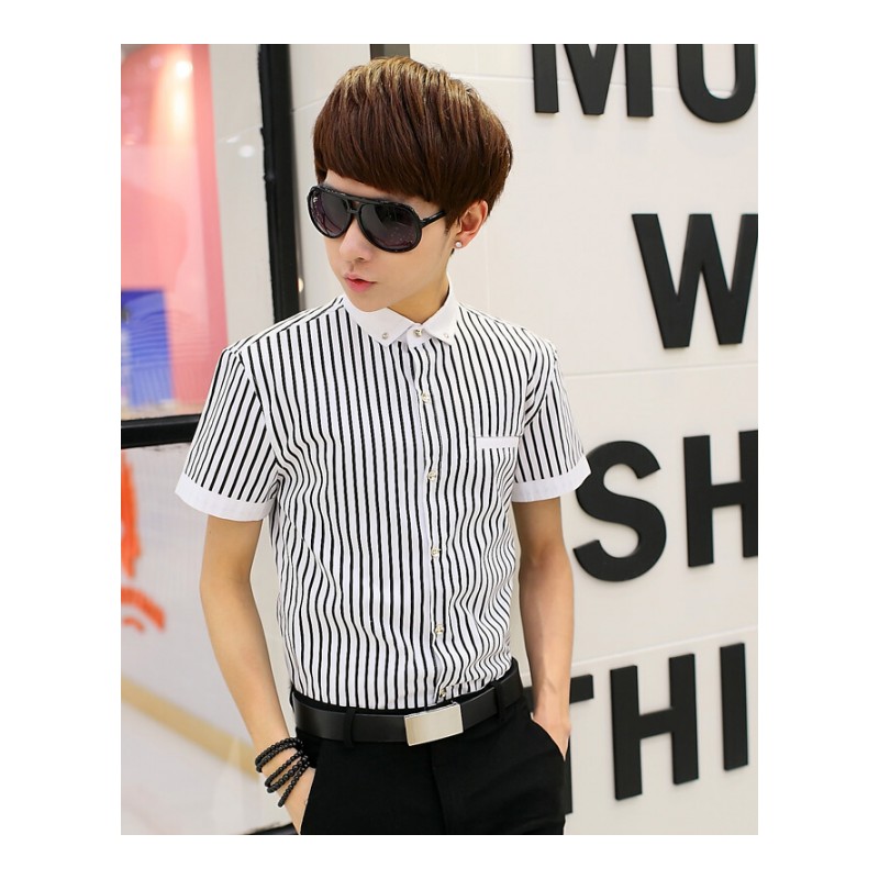青少年韩版短袖衬衫男士夏季休闲中袖衬衣学生修身薄款七分袖寸衫