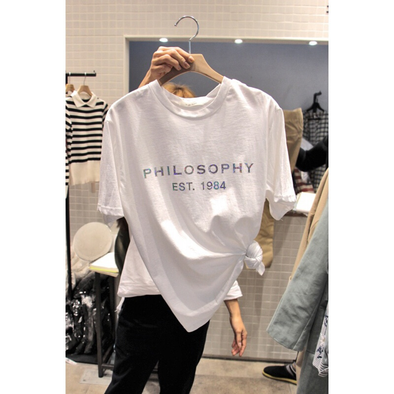 白色T恤女2018夏季字母印花体恤女短袖韩版宽松简约上衣白色