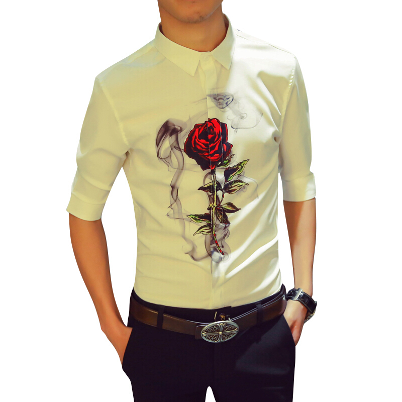 男中袖衬衫韩版潮流夏季个性修身玫瑰花印花五分袖型师短袖衬衣