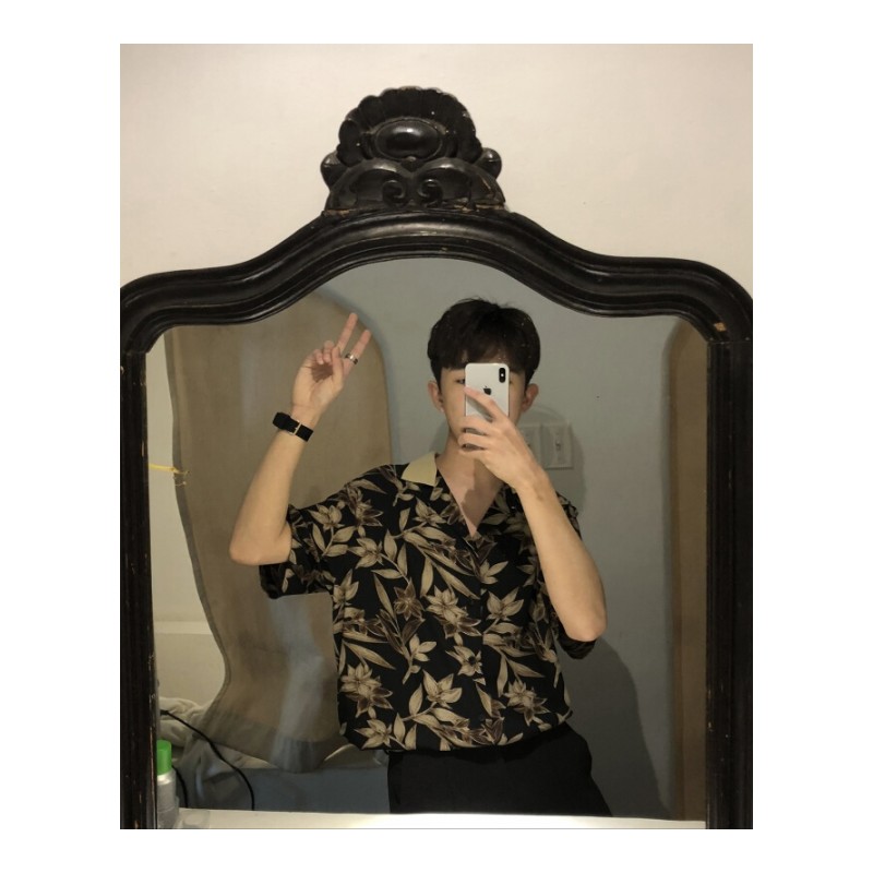 夏季新款韩版复古简约宽松黑色花卉短袖衬衫男翻领黑色