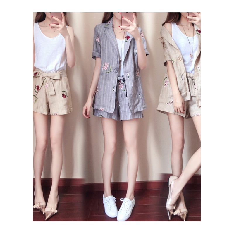 2018夏季新款女装韩版原宿亚麻两件套洋气短裤棉麻社会时髦bf套装