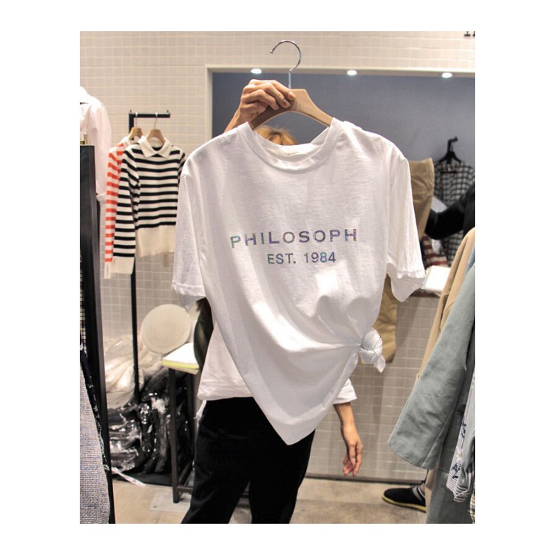 2018春夏季新款女装韩版学生短袖圆领烫金印花宽松白色T恤潮白色