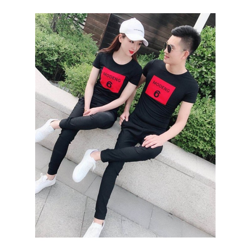 2018夏季新款情侣装短袖T恤圆领男女套装韩版修身气质长裤两件套 6字套装 男黑色 S