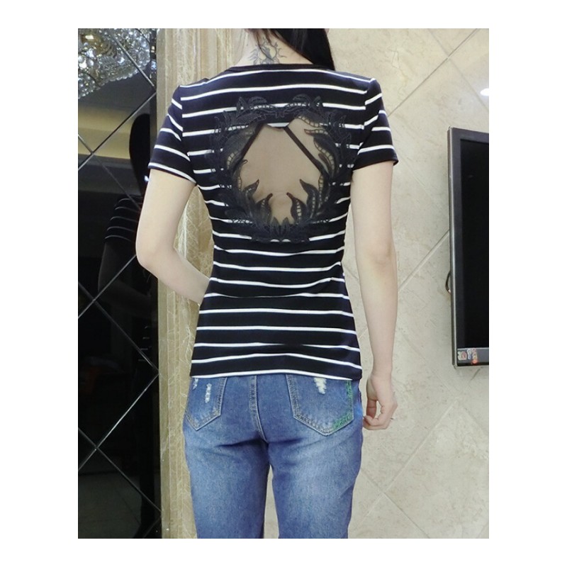 2018夏季新款T恤女短袖韩版时尚条纹挂脖上衣心机半袖潮