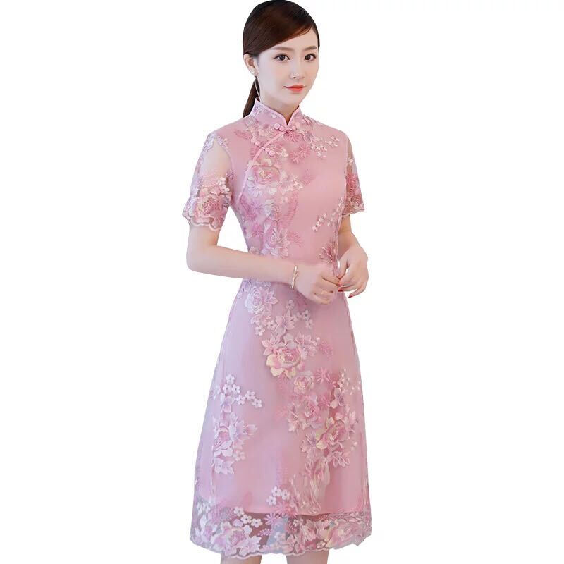 2018新款日常旗袍中长款短袖优雅改良少女版蕾丝连衣裙夏季