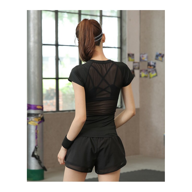 速干衣女T恤紧身罩衫镂空蕾丝运动短袖健身衣瑜伽服跑步上衣夏季黑色