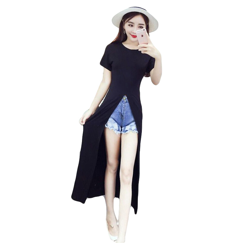 2018春夏季新款韩版修身短袖个性开叉中长款T恤女装上衣黑色